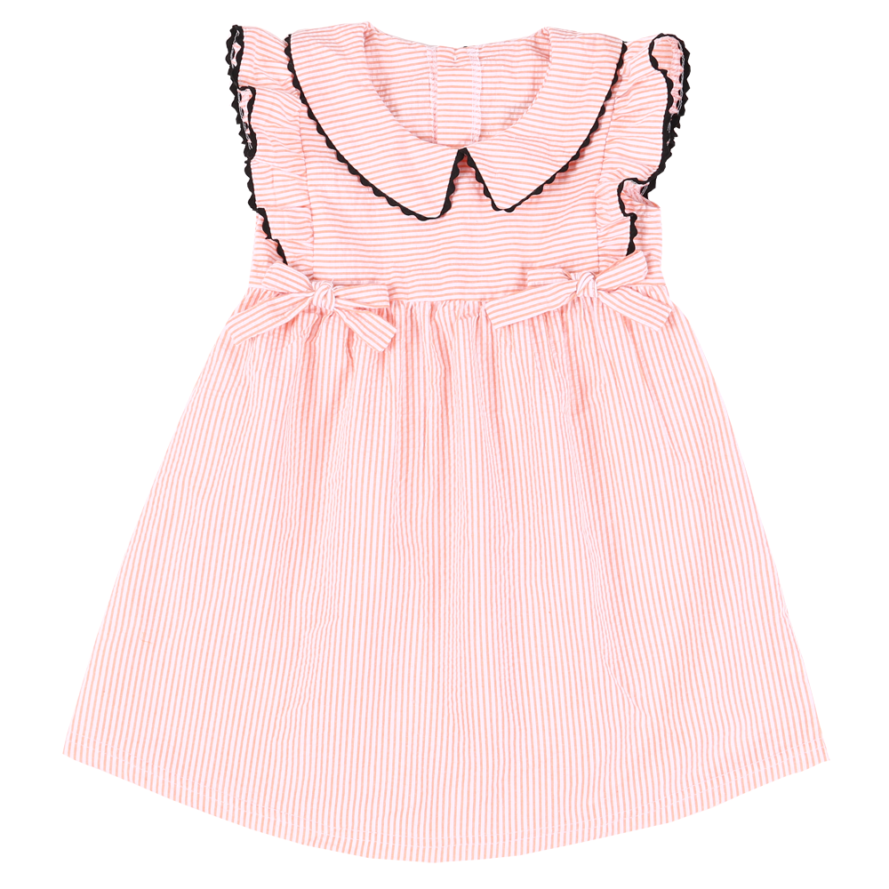 summer boutique baby girls peter pan collar frocks designs flutter sleeve kids seersucker bow dress