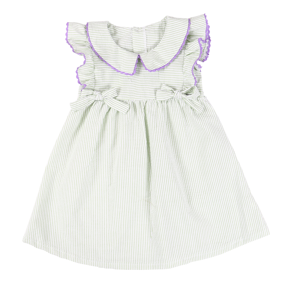 summer boutique baby girls peter pan collar frocks designs flutter sleeve kids seersucker bow dress