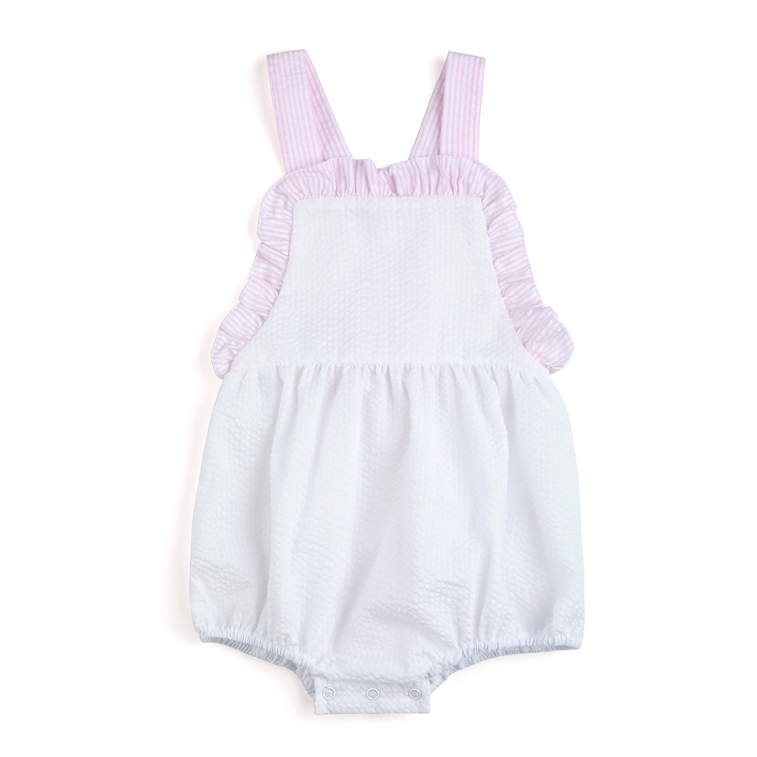 Monogram summer infant toddler seersucker girls bubble romper with pink trim white Easter spring boys sunsuit