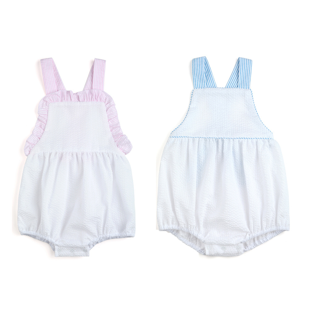 Monogram summer infant toddler seersucker girls bubble romper with pink trim white Easter spring boys sunsuit