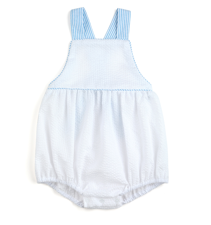 Monogram summer infant toddler seersucker girls bubble romper with pink trim white Easter spring boys sunsuit