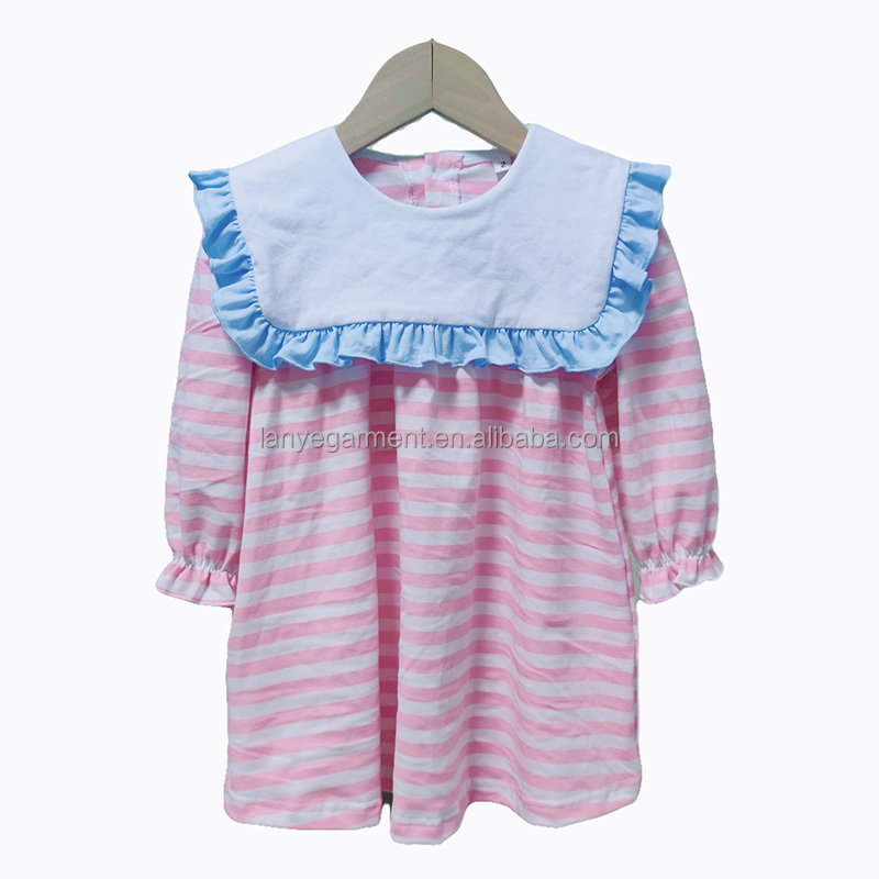 Wholesale Winter Children Cotton Clothes Long Sleeve Pink Stripe Girls Smocked Dresses Baby Outfit Party Kids Clothing