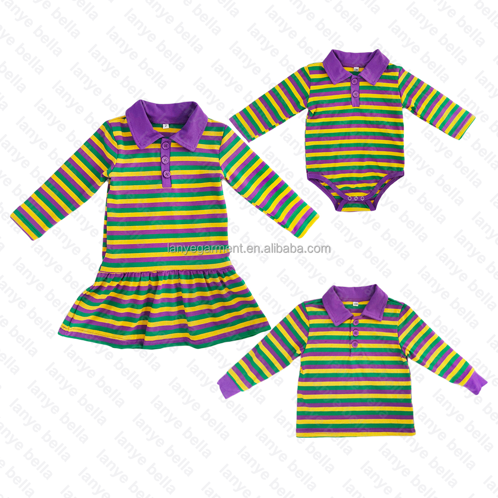 2023 Baby Girls Mardi Gras Polo Dress Set Clothing Set Baby Rompers Kids Shirts Matching Stripe Boutique Outfit