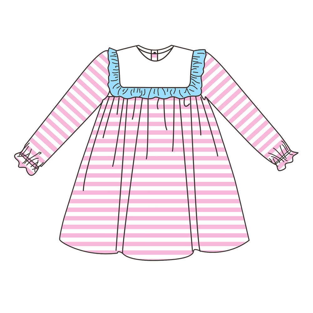 Wholesale Winter Children Cotton Clothes Long Sleeve Pink Stripe Girls Smocked Dresses Baby Outfit Party Kids Clothing