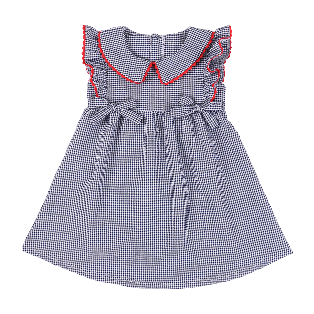 summer boutique baby girls peter pan collar frocks designs flutter sleeve kids seersucker bow dress