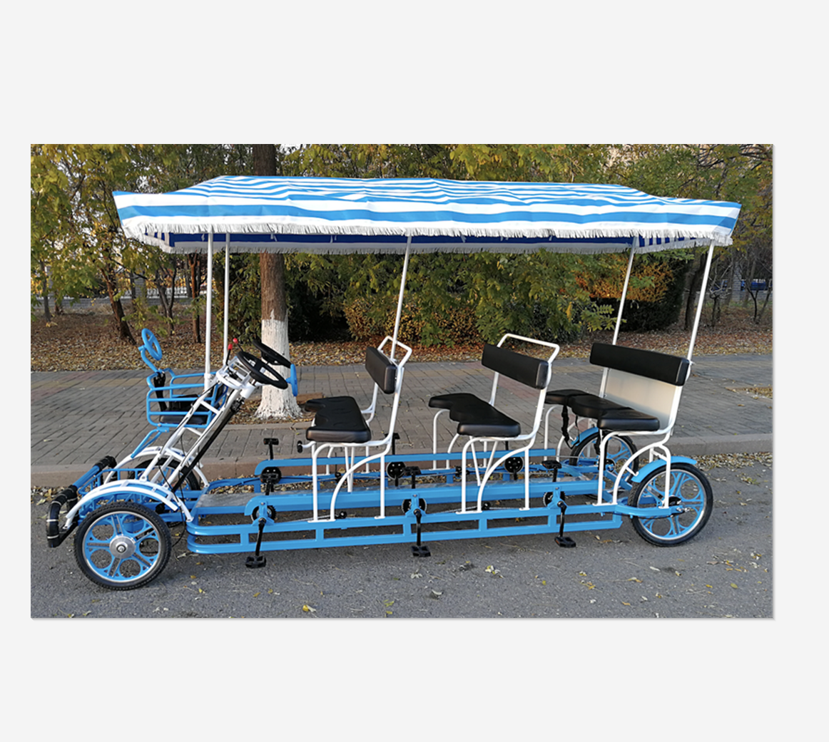 Blue color hand brake with roof cover 6 person 3 rows vehicle carts surrey bikes for rental