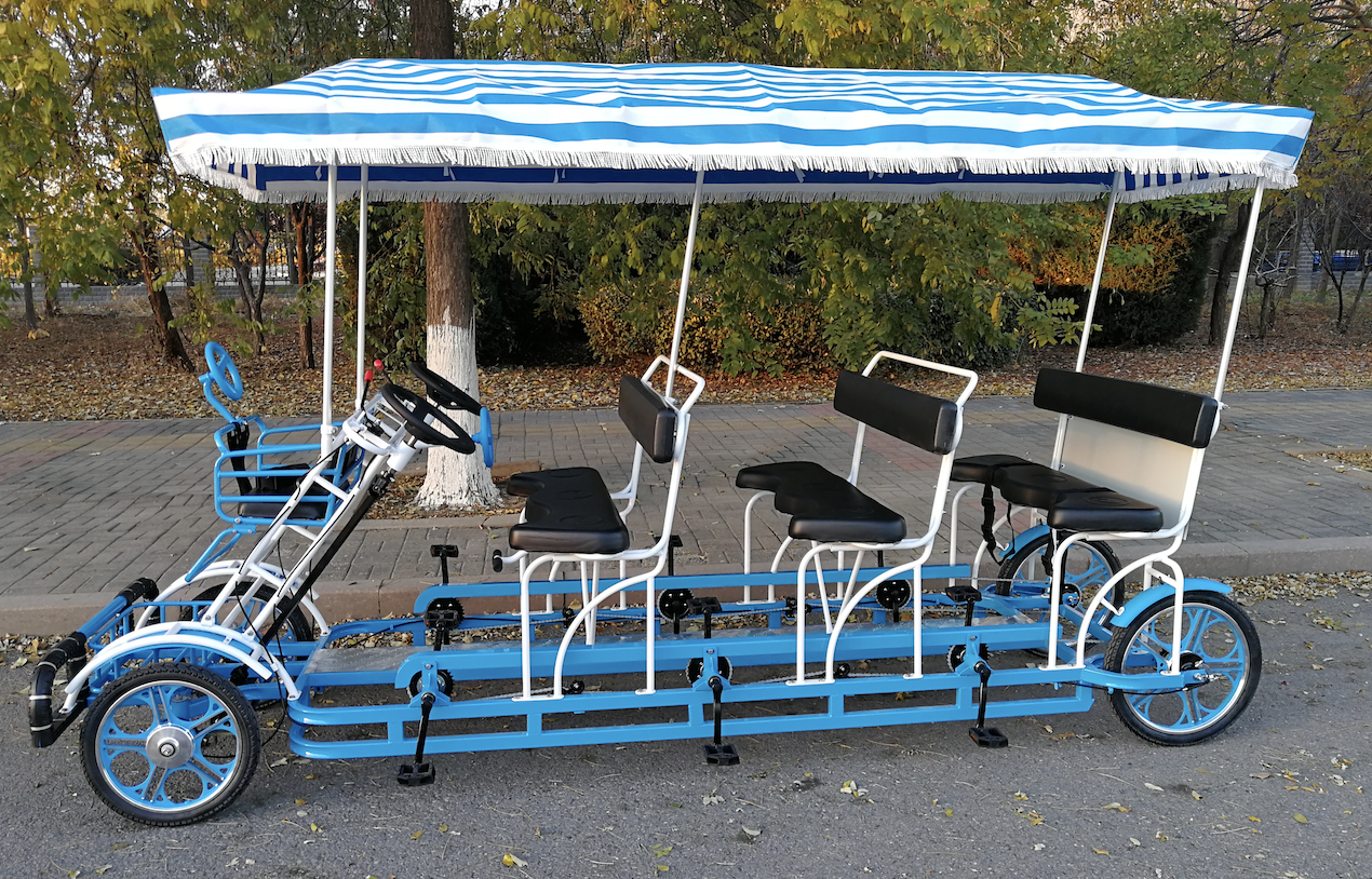 Blue color hand brake with roof cover 6 person 3 rows vehicle carts surrey bikes for rental