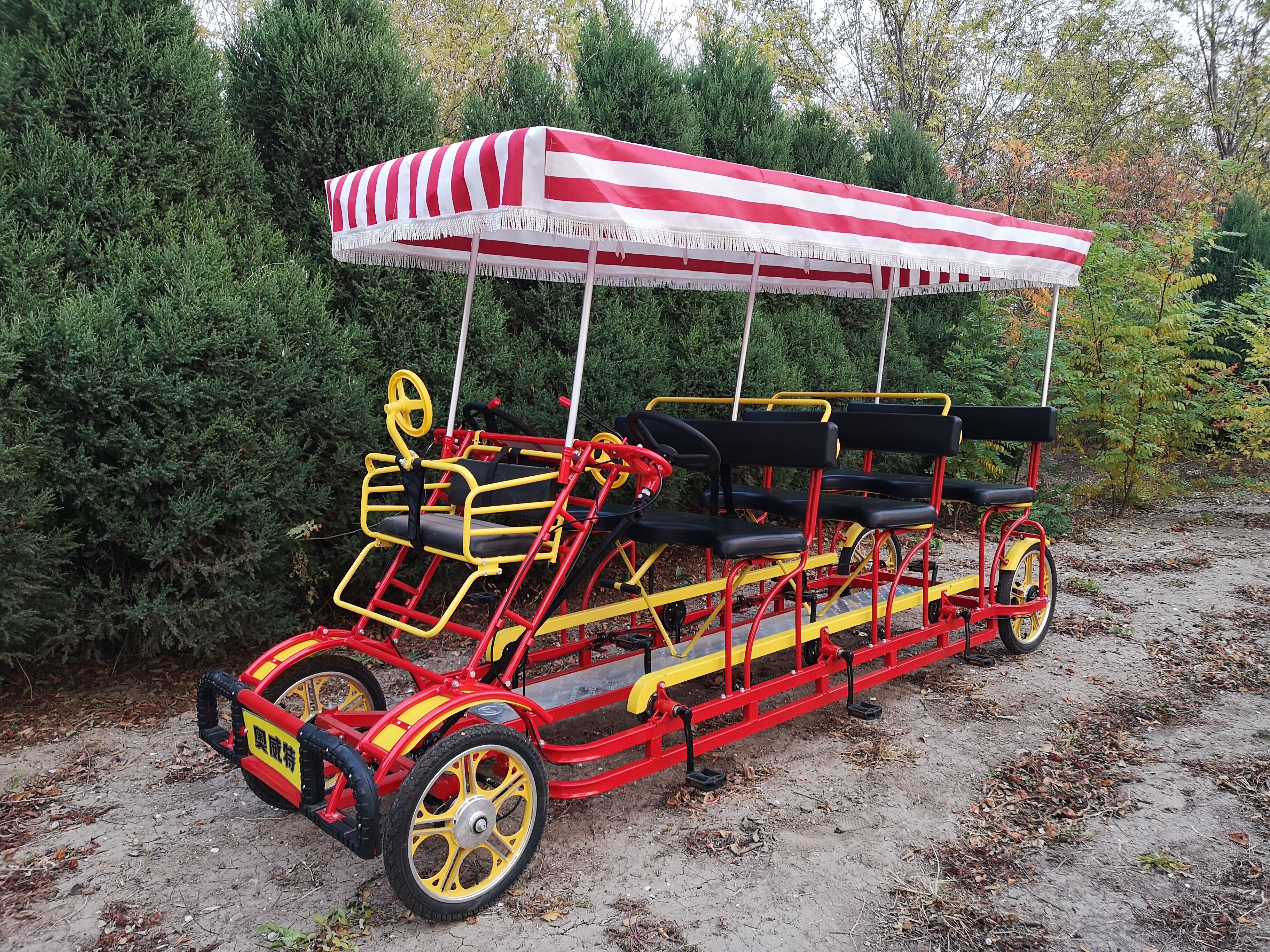 Blue color hand brake with roof cover 6 person 3 rows vehicle carts surrey bikes for rental