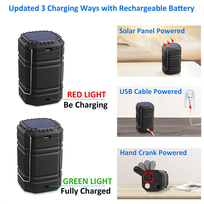 Hand Crank Camping Lantern Flashlight Solar Powered Rechargeable LED Camping Light with USB Charger