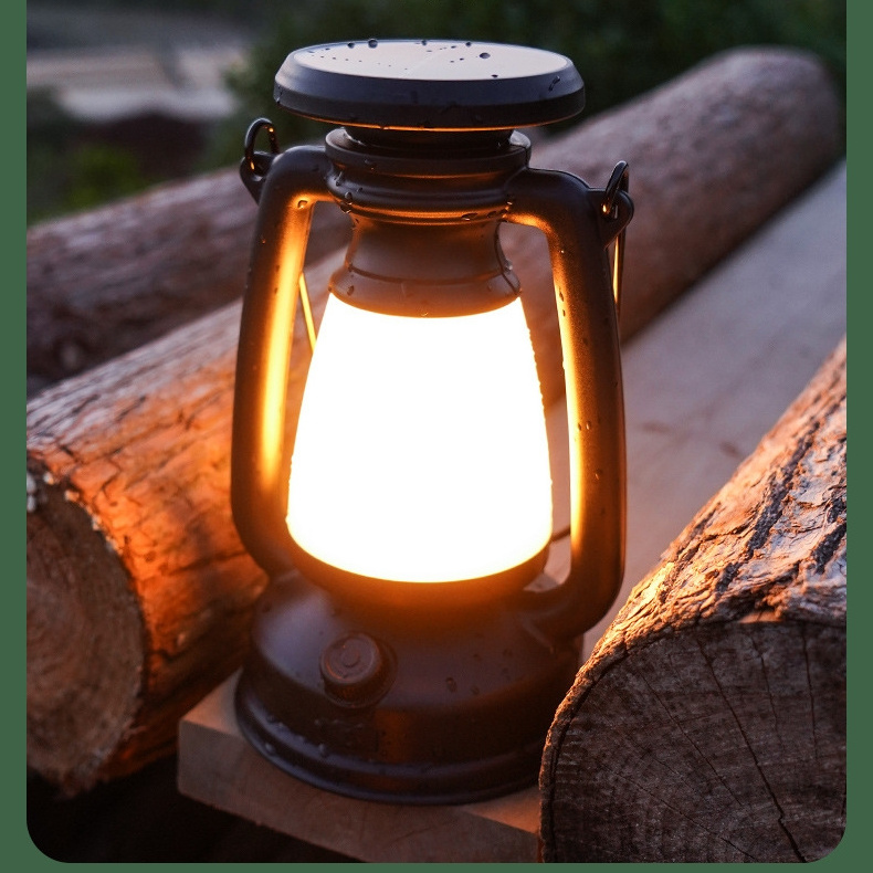 Portable Outdoor Camping Lantern Atmosphere Lighting Retro Solar Camping Light Rechargeable USB Charging Tent Campsite Lamp