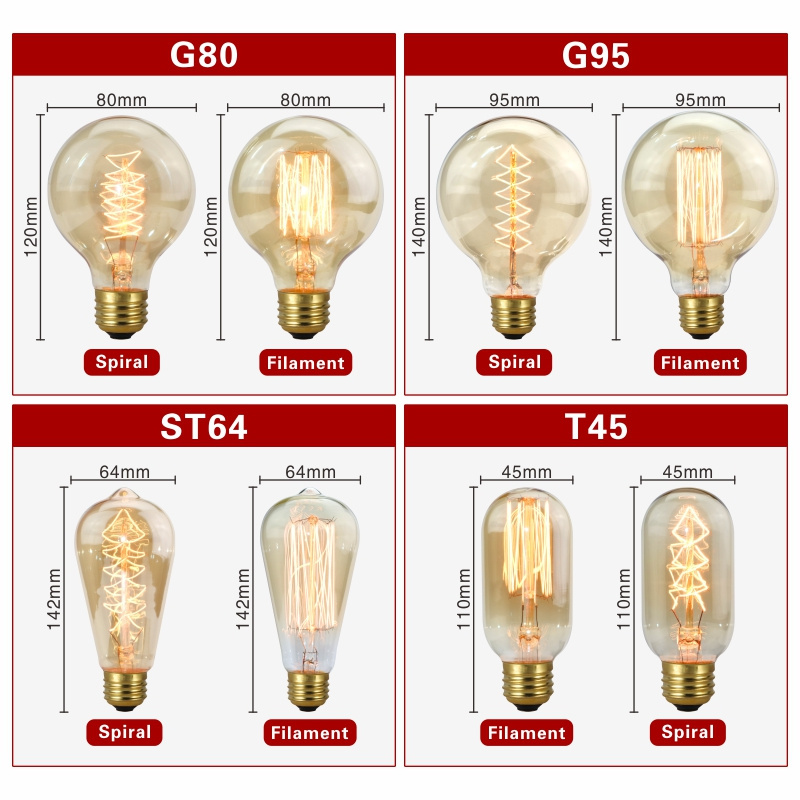 Retro Bulb E27 220V 40W Light Bulb A60 ST58 ST64 T10 T45 T185 G80 G95 Filament Bulb