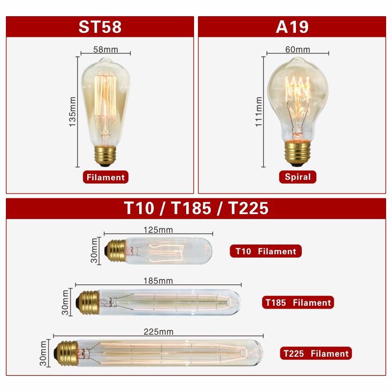 Retro Bulb E27 220V 40W Light Bulb A60 ST58 ST64 T10 T45 T185 G80 G95 Filament Bulb