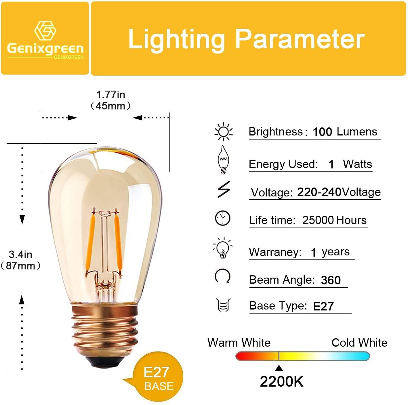 Vintage Led Filament Bulb E27 1W S14 Amber Glass Dimmable LED bulb Warm Yellow 2200K Light Lamp For String Lighting