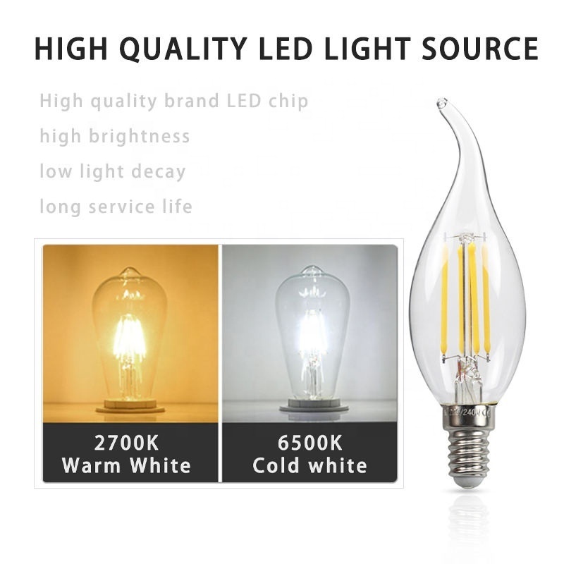 E14 E27 Dimmable 2W 4W 6W 8W LED Filament Retro Candle Light 2700K 6500K High Voltage 220V CE C35 A60 Glass Bulb For Lighting