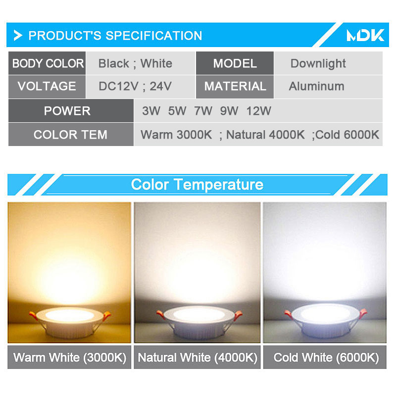 Outdoor Waterproof 3W 5W 7W 9W 12W LED Downlight DC 12V 3000K 4000K 6000K White Black LED Recessed Ceiling Light