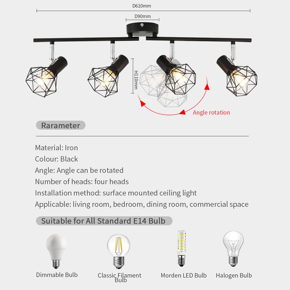 Adjustable Angle Track Light Bedroom E14 Living Room Multi-Lamp Spotlight Black Lustre Chandeliers Retro Lamps