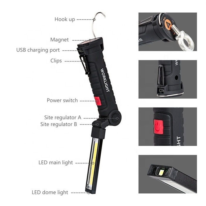 Portable COB LED Torch Flashlight Energy Saving USB Rechargeable Work Lights Magnetic LED Built-in Battery Camping Light