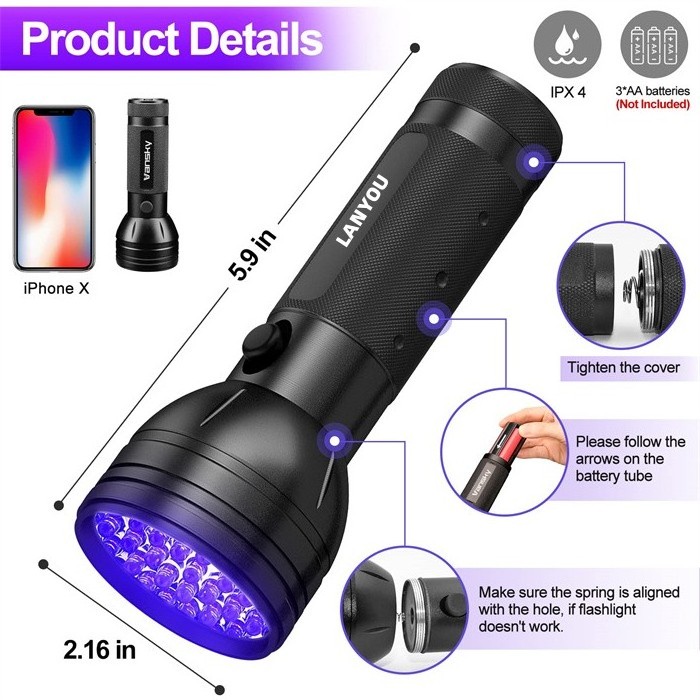 UV Flashlight Black Light 51 LED Blacklight Pet Urine Detector for Dog/Cat Urine, Dry Stains, Bed Bug