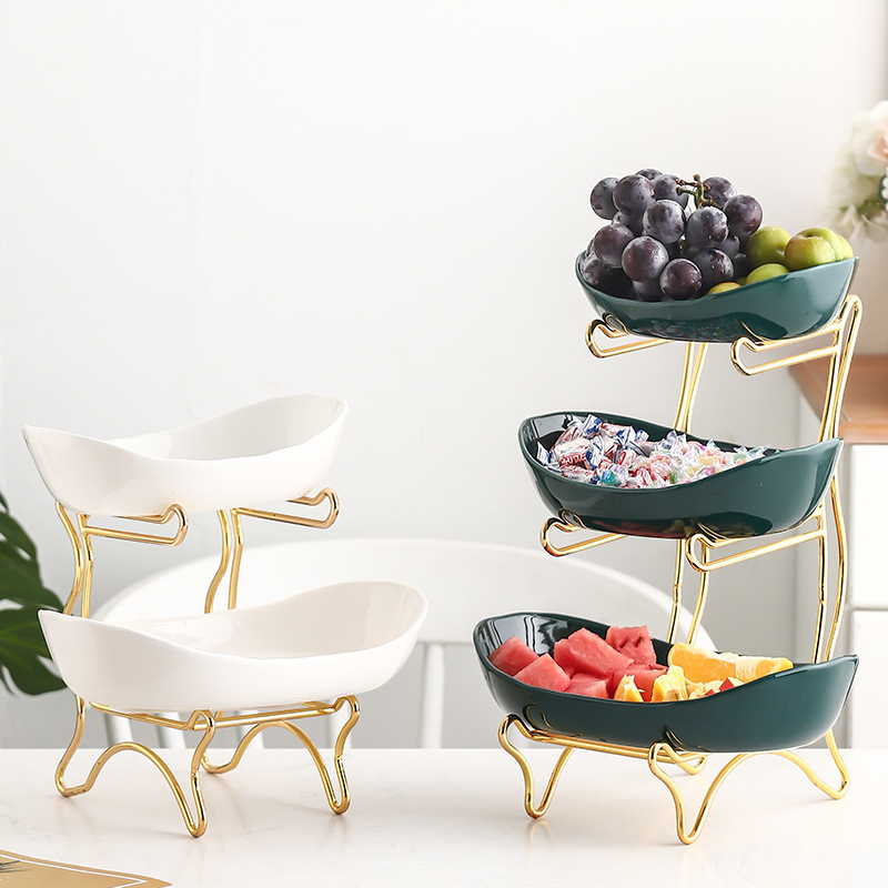 Wholesale 2 Tier Fruit bowl with Metal Stand Ceramic Serving Bowl Dessert Wedding Large Fruit Bowl