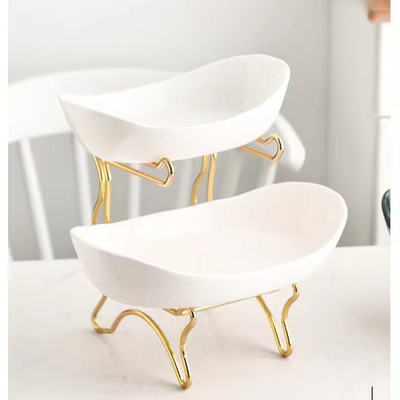 Wholesale 2 Tier Fruit bowl with Metal Stand Ceramic Serving Bowl Dessert Wedding Large Fruit Bowl