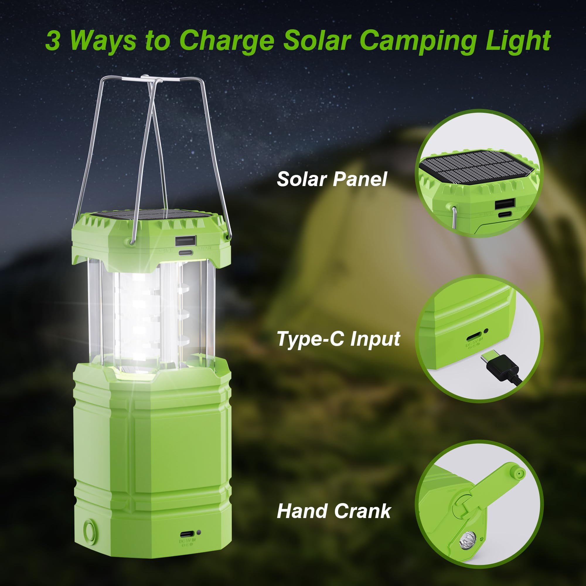 Portable Solar Hand Crank Flashlight Rechargeable Hanging Led Lantern Outdoor Emergency Survival Tent Lamp