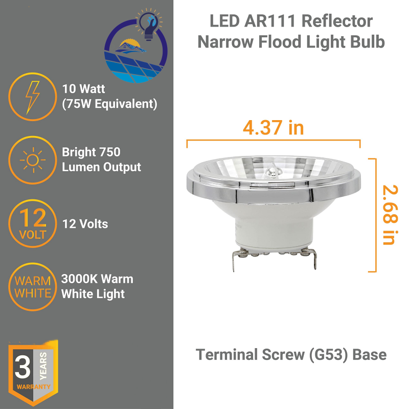 AR111 Reflector Spot Light Bulb COB 35 Degree Beam Angle G53 Screw Terminal Base12 VoltsNon-Dimmable 3000K Warm White AR111 bulb