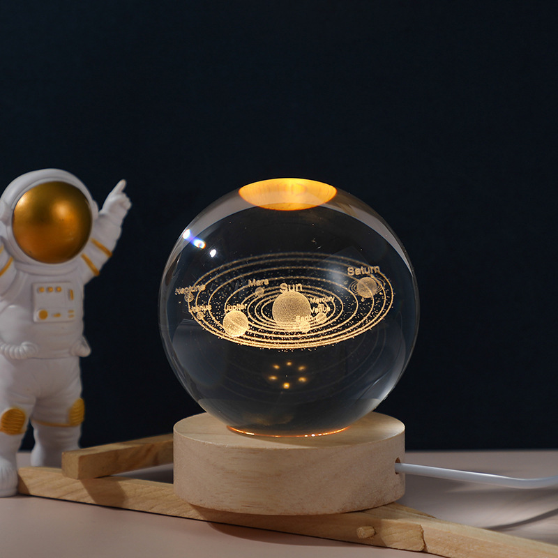 Moon Astronaut Planet Globe 3D Crystal ball Laser Engraved Solar System Ball with Touch Switch LED Light Base Astronomy Gift