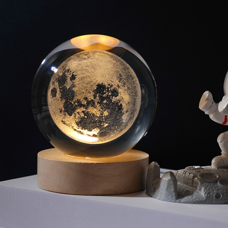 Moon Astronaut Planet Globe 3D Crystal ball Laser Engraved Solar System Ball with Touch Switch LED Light Base Astronomy Gift