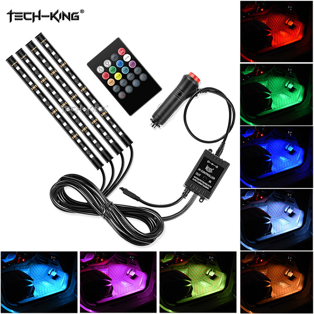 Car cigarette lighter USB plug Interior Lights Strip Decoration Bar Remote/Voice Control 48 LED RGB Car Foot Ambient Light