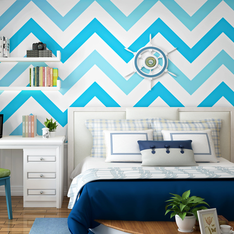 Blue White Stripe Children's Bedroom Wall Paper Wall Decor Kids Room Wallpapers