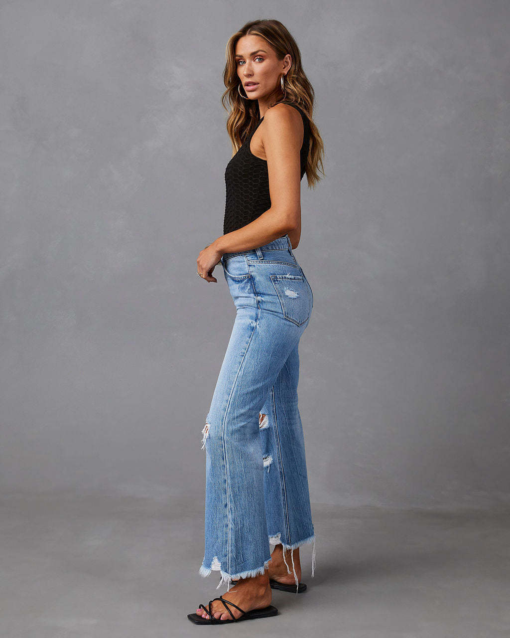 dropshipping products new women's wide leg trousers ladies tassel washed ripped long jean straight leg casual women pants jeans