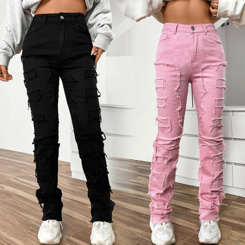 Women's denim embroidered straight leg pants ladies stretch patch denim stacked holes ripped denim jeans