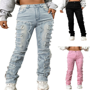 Women's denim embroidered straight leg pants ladies stretch patch denim stacked holes ripped denim jeans