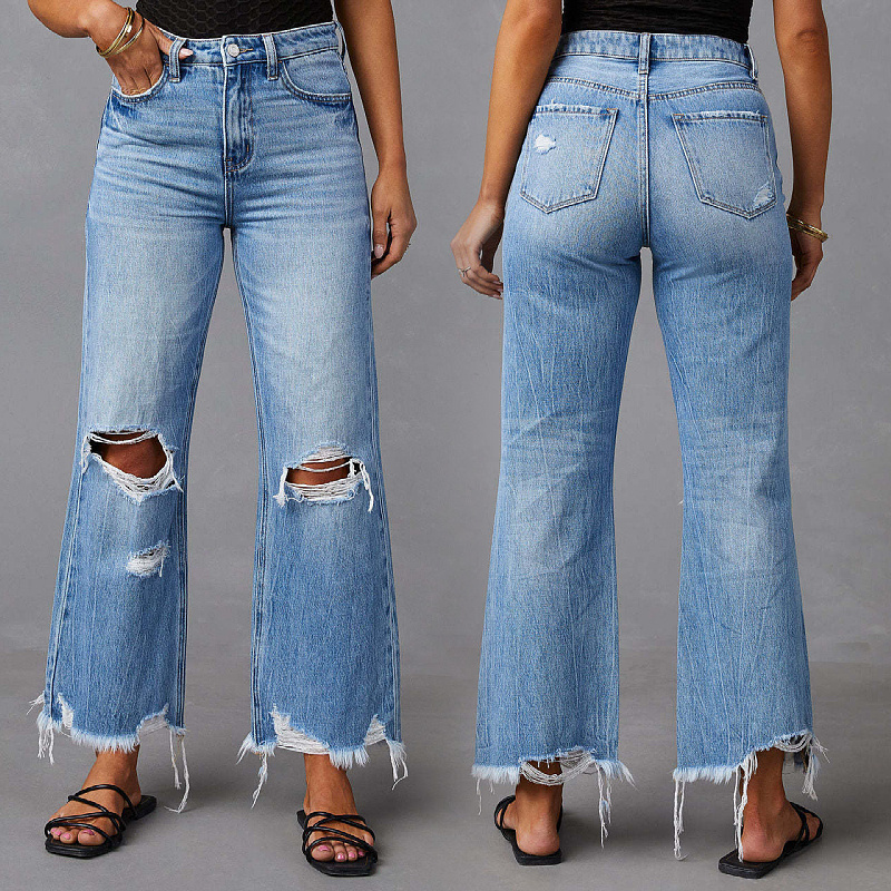 dropshipping products new women's wide leg trousers ladies tassel washed ripped long jean straight leg casual women pants jeans