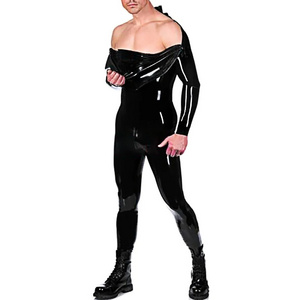 Shoulder Zip Black Latex Men Catsuit Rubber Bodysuit Handmade Jumpsuit Clothing