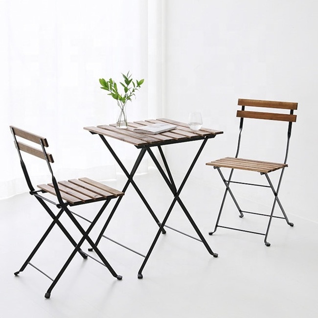 Outdoor Metal Frame ACACIA Wood 3PCS Bistro Garden Set Folding Garden Chair and Table Set