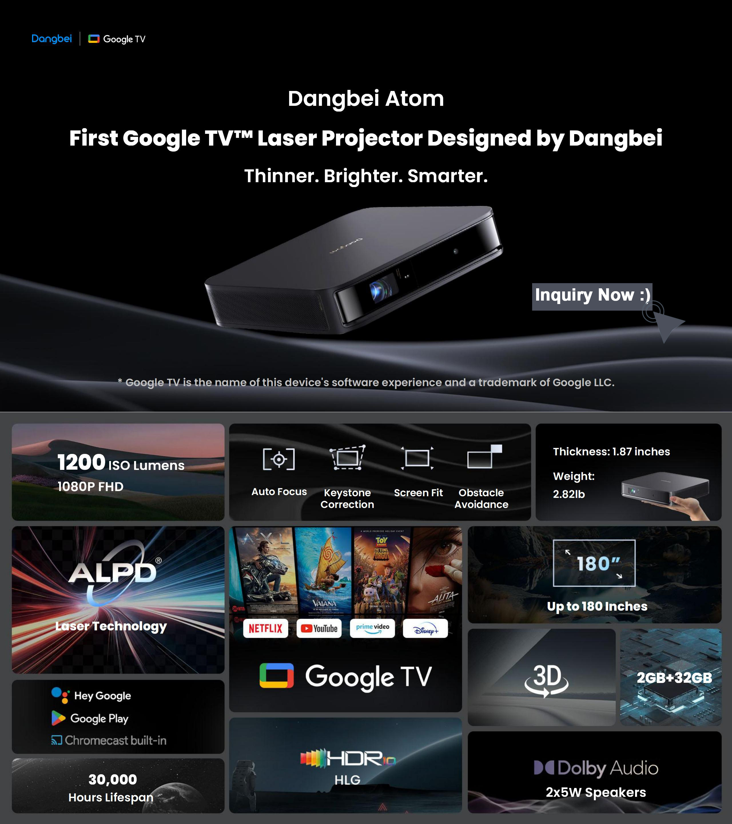 NP Dangbei Atom Portable Smart Mini Projector Brightest Laser With Google Tv 3D Home Theater Projecteur