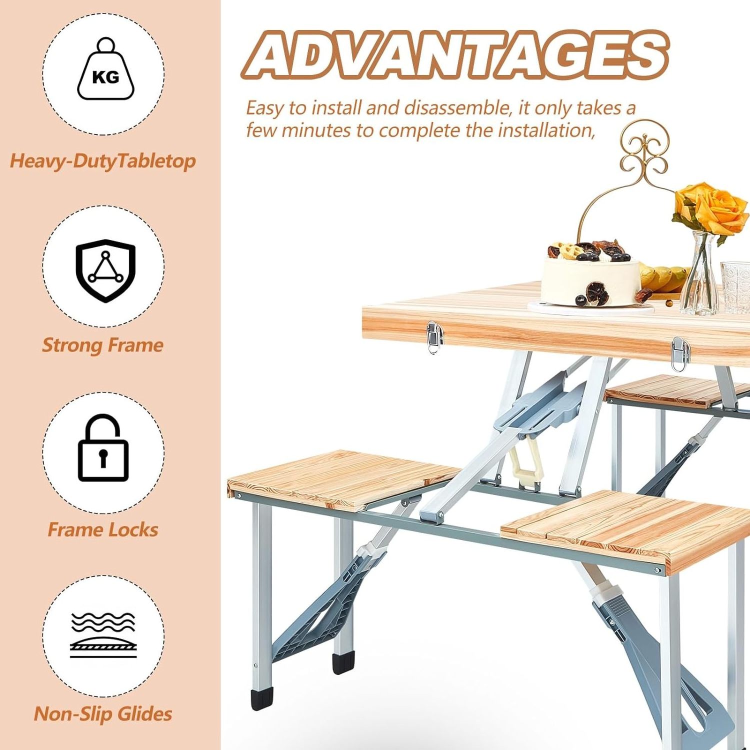 Foldable Camping Outdoor Table and chars Portable Folding Picnic Table with umbrella hole