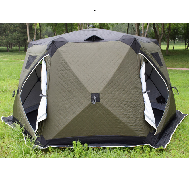 Outdoor Hexagon hub tent portable pop Up custom cube hiking insulated ice fishing tent 6 person winter camping hot tent