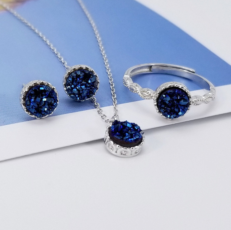 4 Piece Bridal Jewelry Sets 925 Sterling Silver Necklace Stud Earrings Ring Crystal Druzy S925 Sterling Silver Jewelry Sets