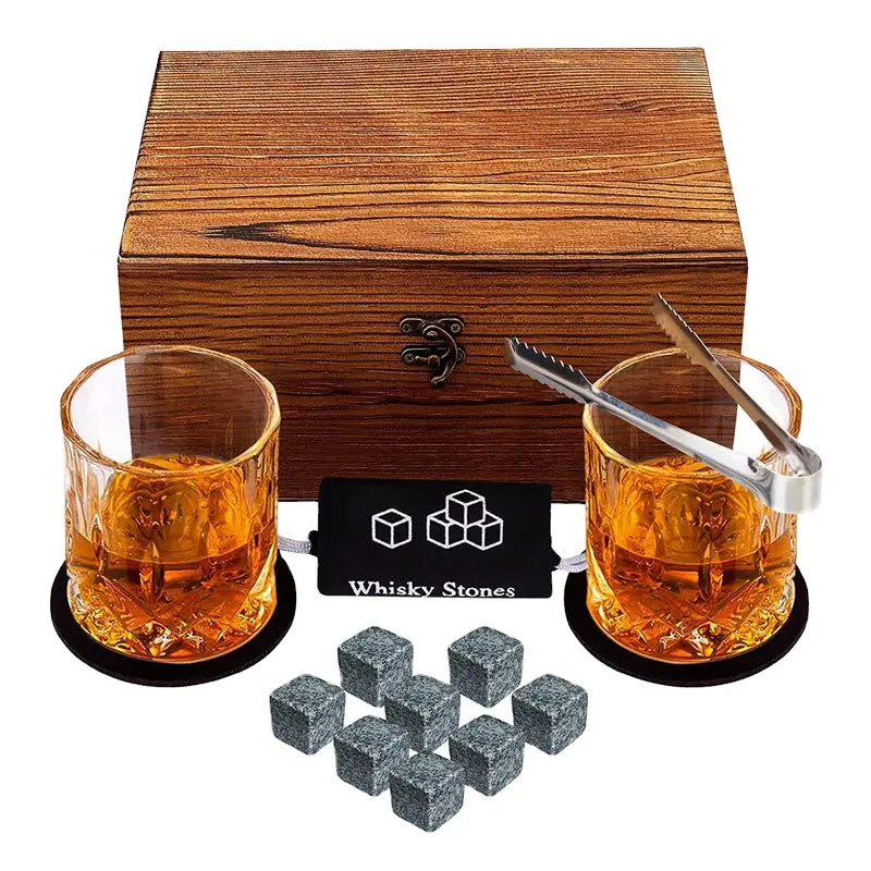 Crystal Whiskey Glasses Reusable Stainless Steel Ice Cubes Whiskey Stones Gift Set With 2 Whiskey Glass