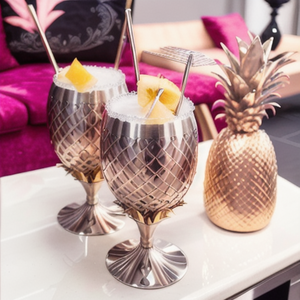 Custom Logo Engraved Designer Metal French Retro Stainless Steel Stemless Pineapple Shaped Cocktail Wine Glasses