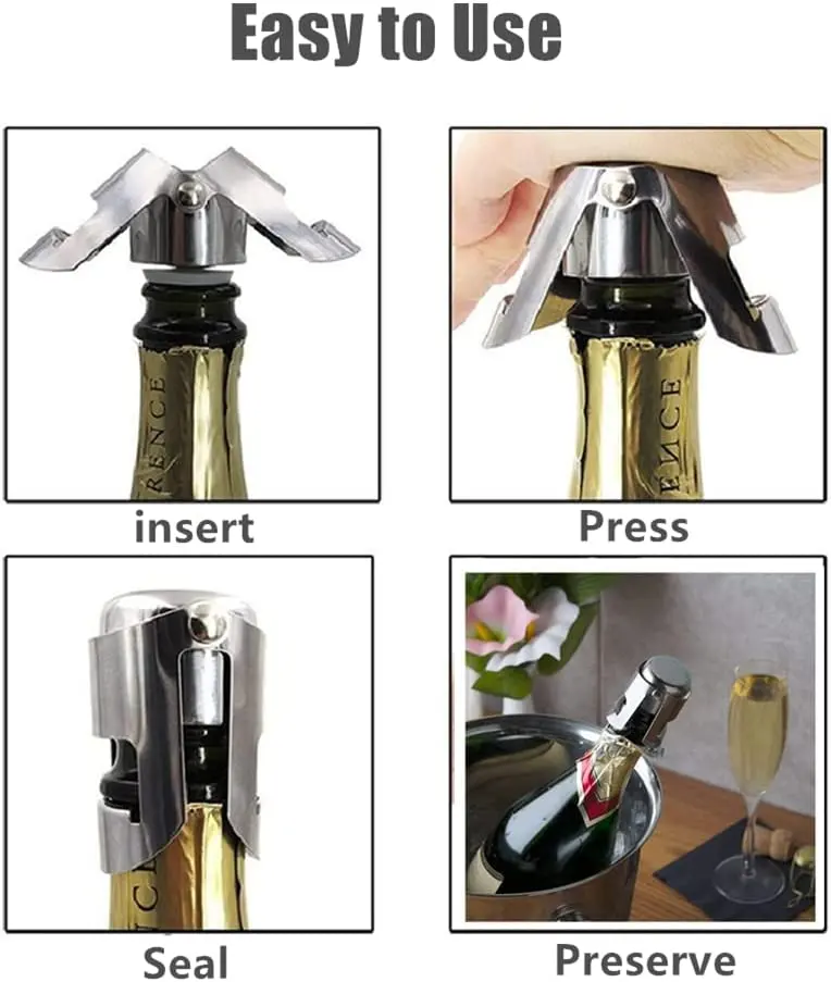 Professional Wine Saver Champagne Bottle Stoppers Black Stainless Steel Sparkling Wine Stopper with Pure Silicone AirTight Seal