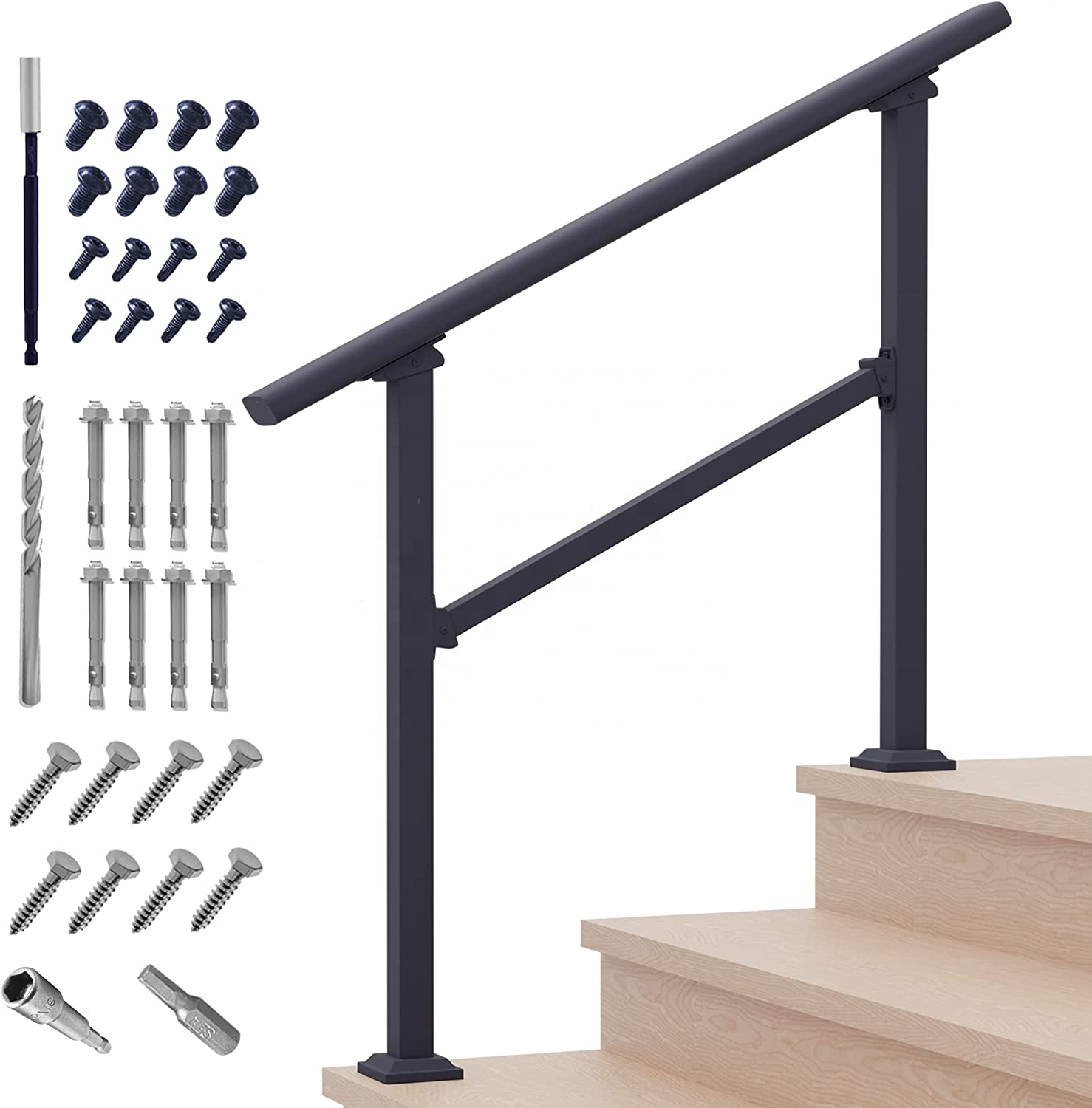 3 Steps Outdoor Hand Rails for Steps Black Wrought Iron Handrail Kit