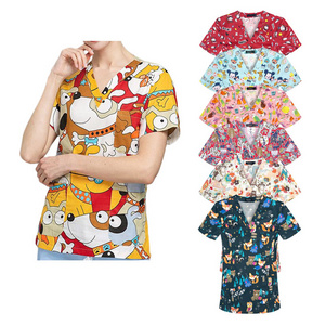 Wholesale Trendy Scrubs Breathable Nursing Stretch V-Neck Uniform Unisex Nurse Cartoon Print Scrub Tops