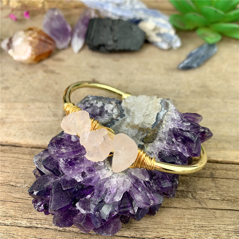 LS-A3178  Wire Wrapped Natural stone gemstone Bangle Natural quartz amethyst crystal birthstone cuff Bracelet bangle jewelry