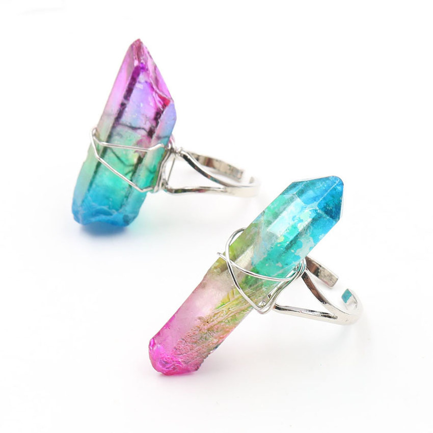 LS-E995 Silver Plated Resizable Ring Wire Wrap Irregular Dyed Colorful Natural Rock Crystal Hexagonal Column Unique Rings