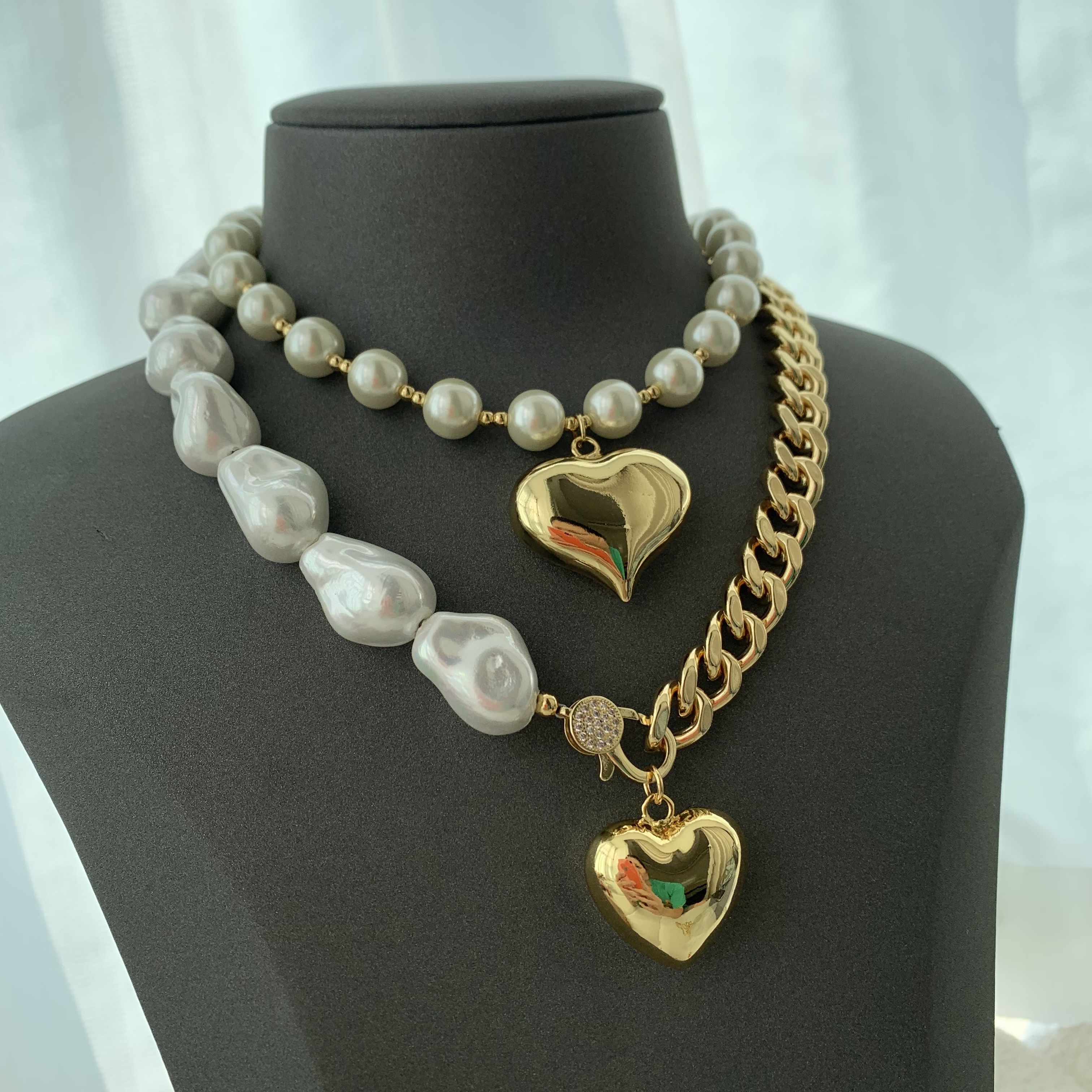 LS-B5224 Gold cuban chain necklace half top quality pearl necklace   solid chunky heart necklace beautiful jewelry for women