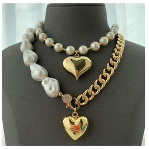 LS-B5224 Gold cuban chain necklace half top quality pearl necklace   solid chunky heart necklace beautiful jewelry for women