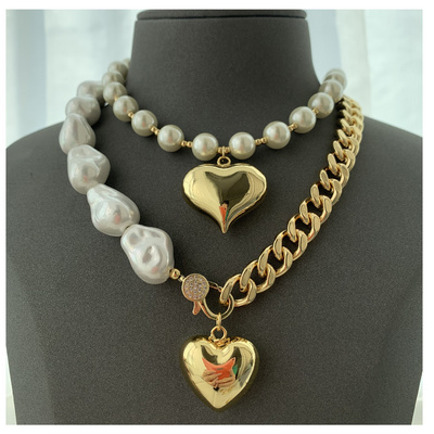 LS-B5224 Gold cuban chain necklace half top quality pearl necklace   solid chunky heart necklace beautiful jewelry for women